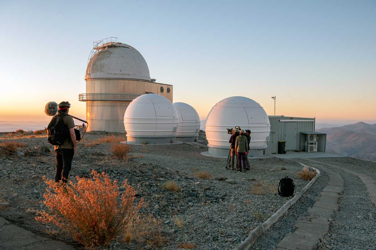 La Silla Observatory, Preparing for Filming. From left to right: Andrés Espinoza (sound), Nicolas Canniccioni, Alison McAlpine, Pablo Martinez