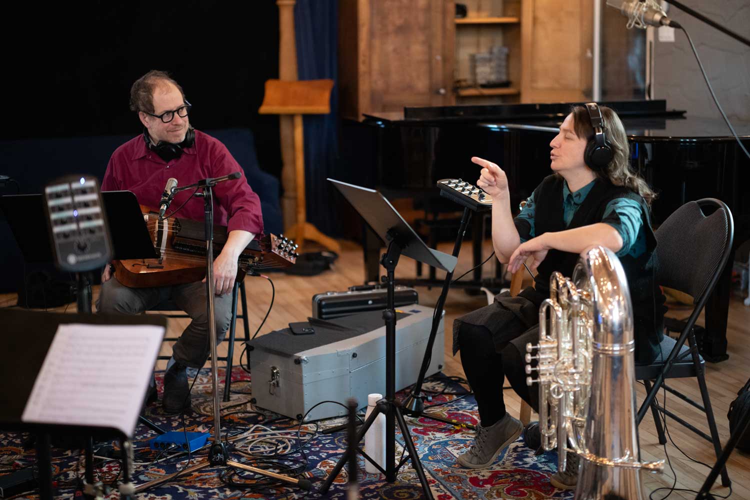 Recording in Montreal. From left to right: Ben Grossman, Hurdy Gurdy; Julie Houle, Tuba.